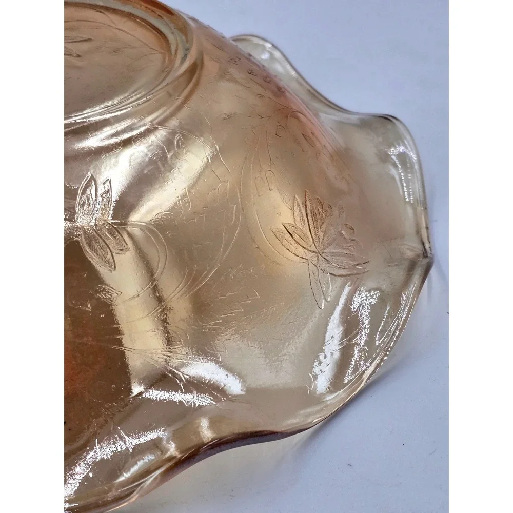 Ruffled Edge Louisa Amber Iridescent Floragold Embossed Depression Glass Dish 9